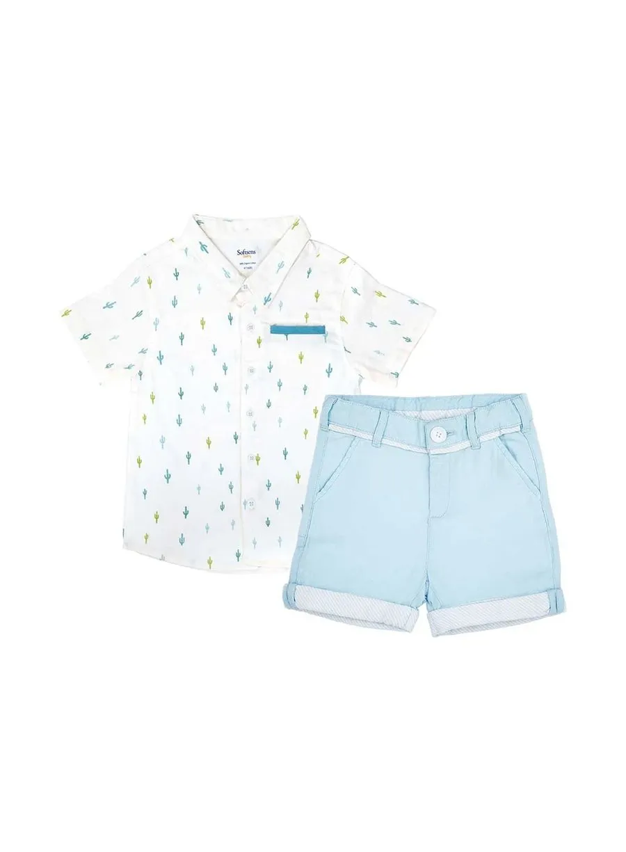 2-Piece Cactus print Shirt & Sky Blue Oxford Shorts Set
