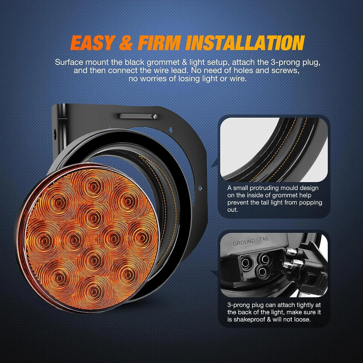 4 Inch Round Amber Tail Lights w/ Mount Bracket (Pair)