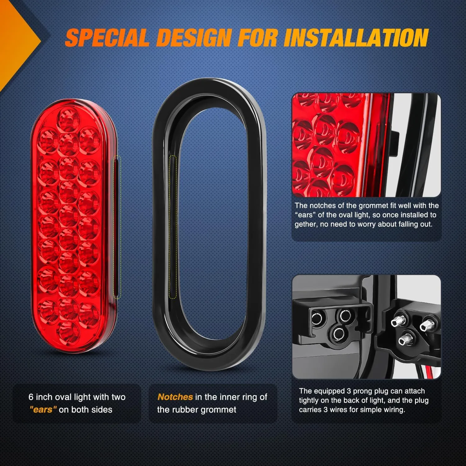 6 Inch Oval Red 24Leds Trailer Tail Lights (Pair)