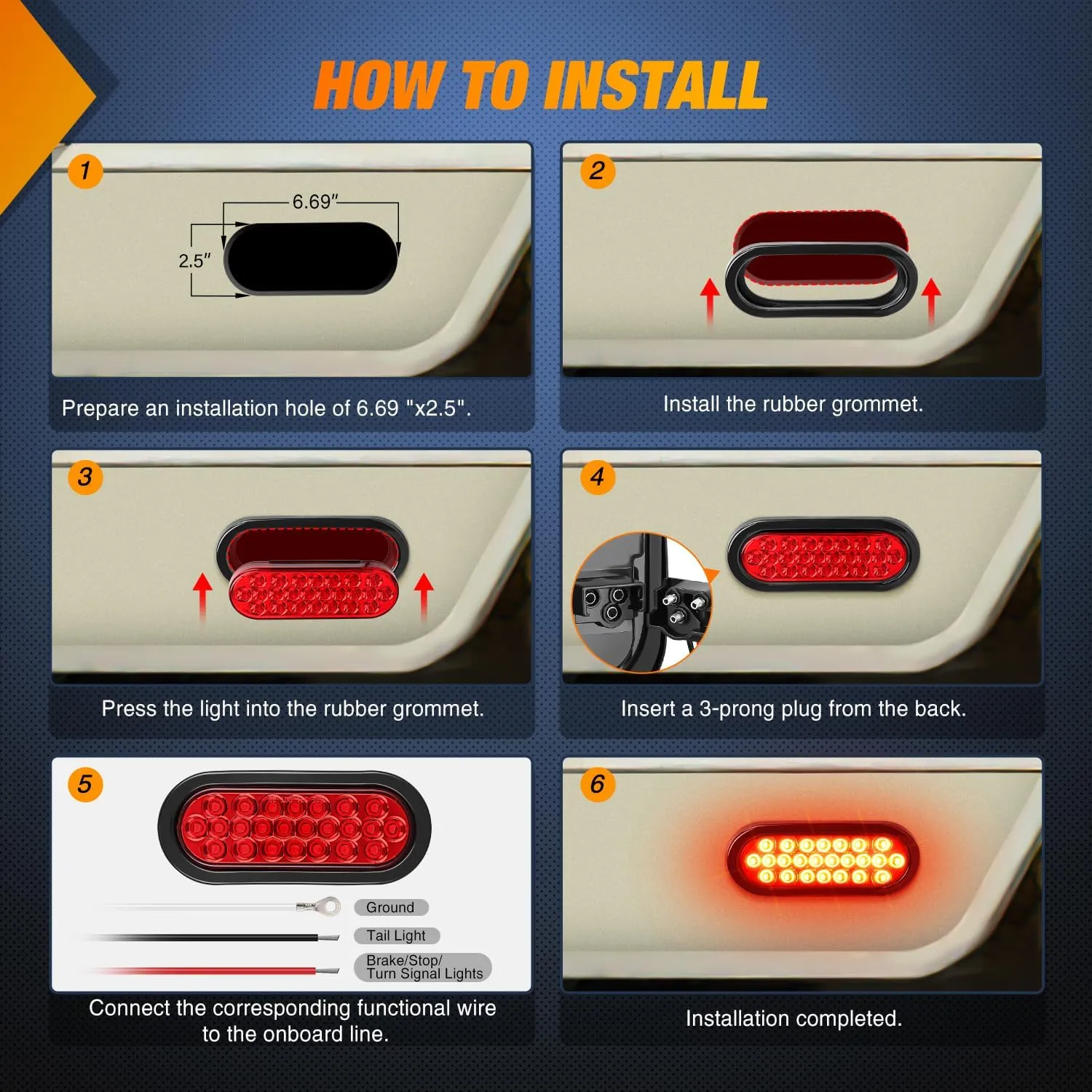 6 Inch Oval Red 24Leds Trailer Tail Lights (Pair)