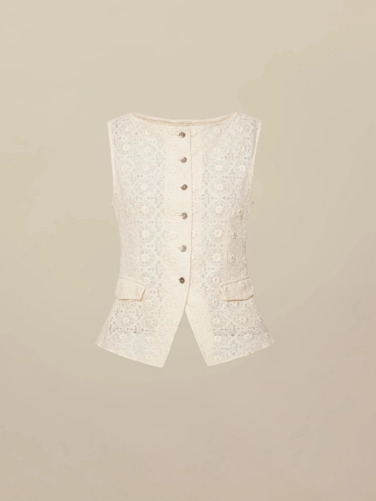 Amoretu 50% Cotton Boat Neck Embroidered Lace Vest