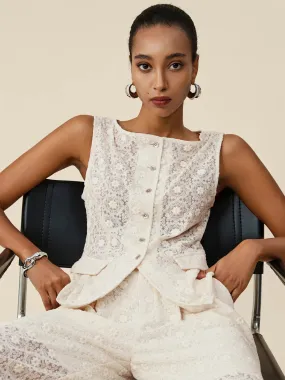 Amoretu 50% Cotton Boat Neck Embroidered Lace Vest