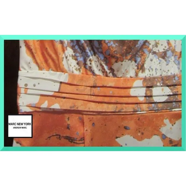 Andrew Marc Tangerine Taupe White Blue New York Multi Color Abstract Cowl Neck Sheath Short Dress