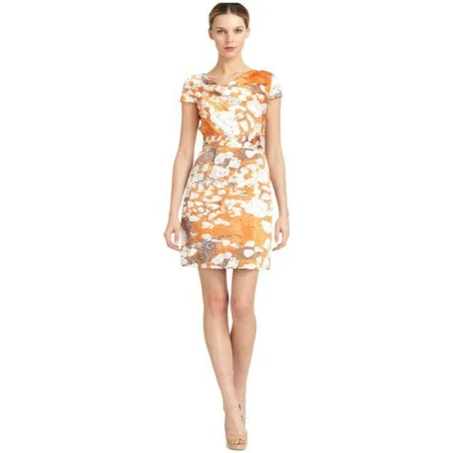 Andrew Marc Tangerine Taupe White Blue New York Multi Color Abstract Cowl Neck Sheath Short Dress