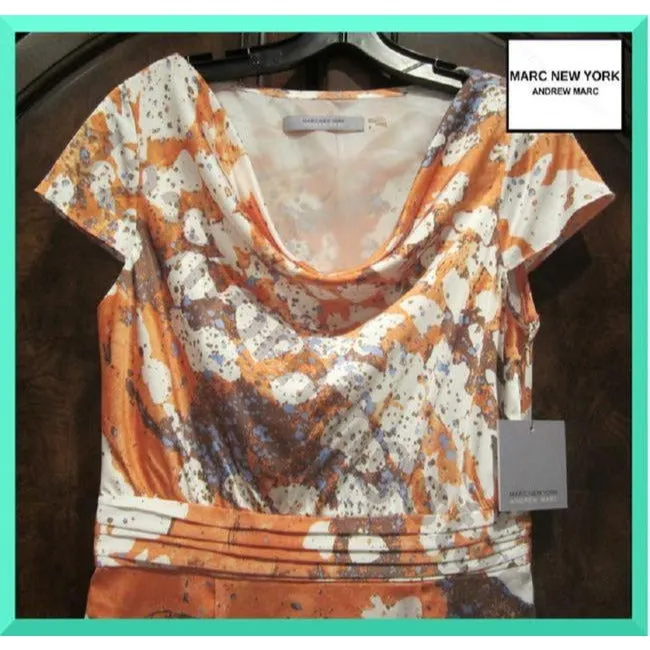 Andrew Marc Tangerine Taupe White Blue New York Multi Color Abstract Cowl Neck Sheath Short Dress