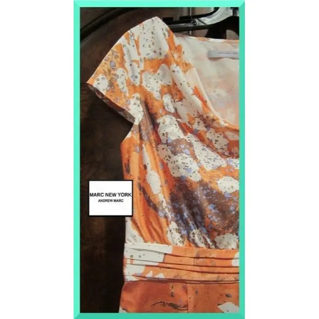 Andrew Marc Tangerine Taupe White Blue New York Multi Color Abstract Cowl Neck Sheath Short Dress