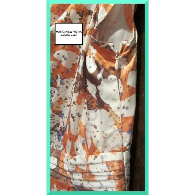 Andrew Marc Tangerine Taupe White Blue New York Multi Color Abstract Cowl Neck Sheath Short Dress