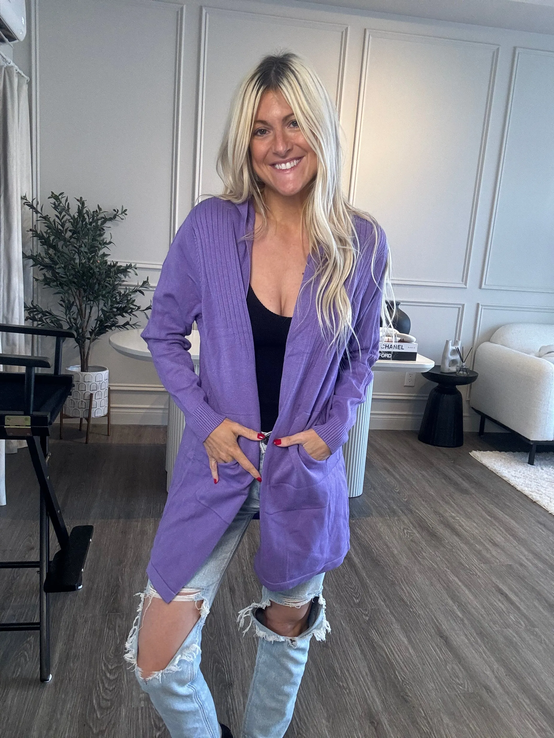 Bella Soft Hooded Knit Cardigan -Purple