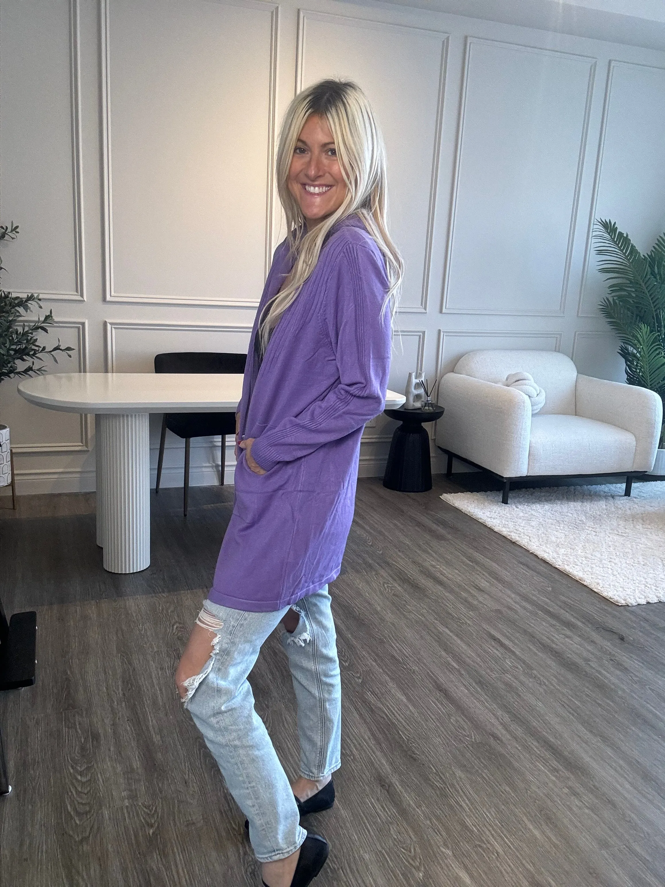 Bella Soft Hooded Knit Cardigan -Purple