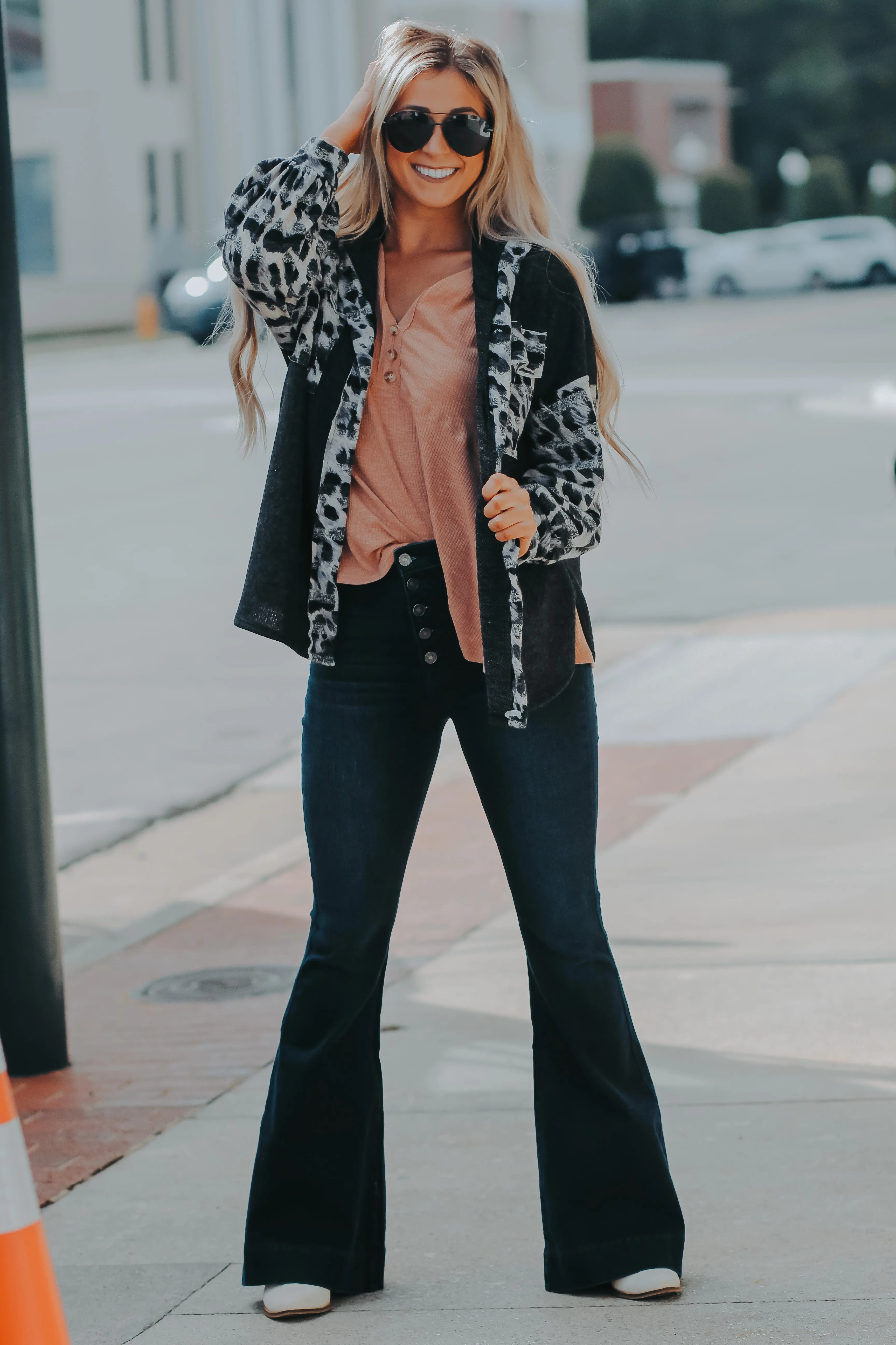 Charcoal & Leopard Hooded Soft Knit Cardigan