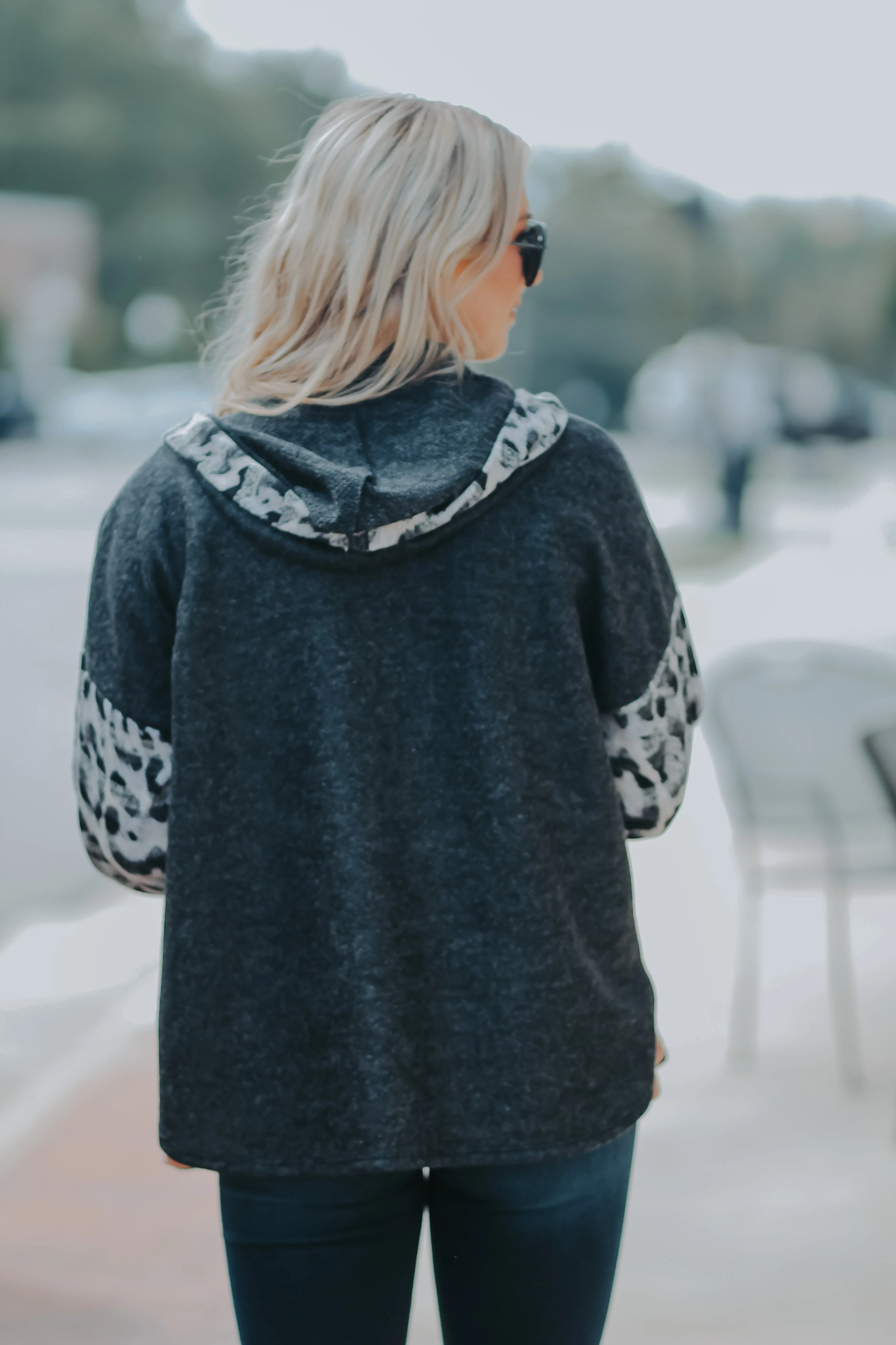 Charcoal & Leopard Hooded Soft Knit Cardigan