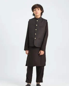 Dark Brown Kurta Trouser with Suiting Waistcoat - Kids