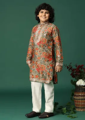 Grey Kurta Pant With Thread And Mirror Work For Boys