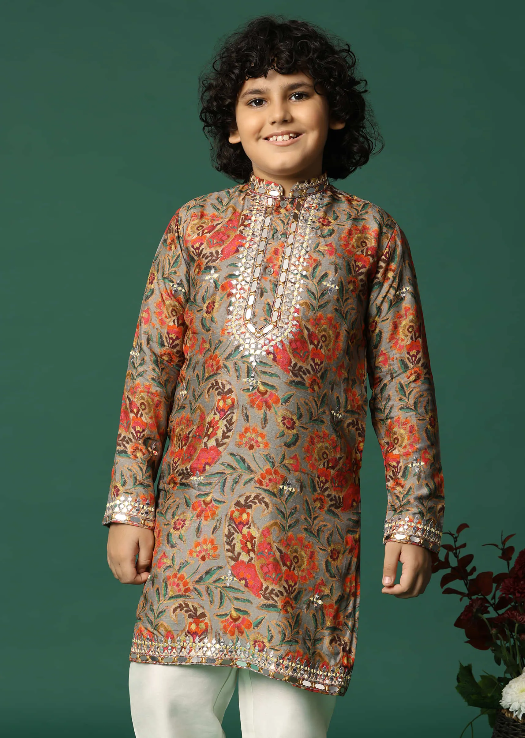 Grey Kurta Pant With Thread And Mirror Work For Boys