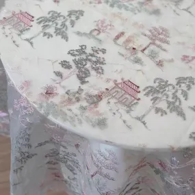 Oriental Style Sheer Organza Fabric with Scenic Embroidery