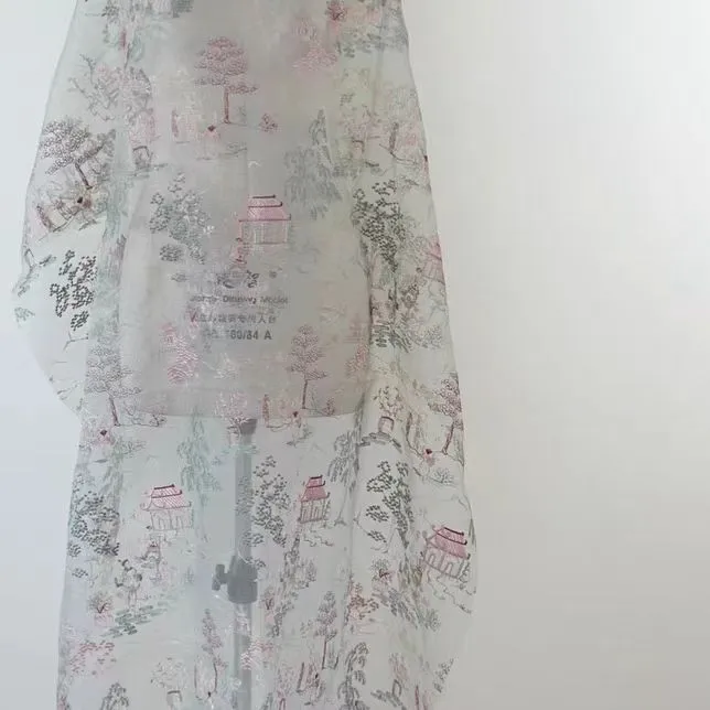 Oriental Style Sheer Organza Fabric with Scenic Embroidery