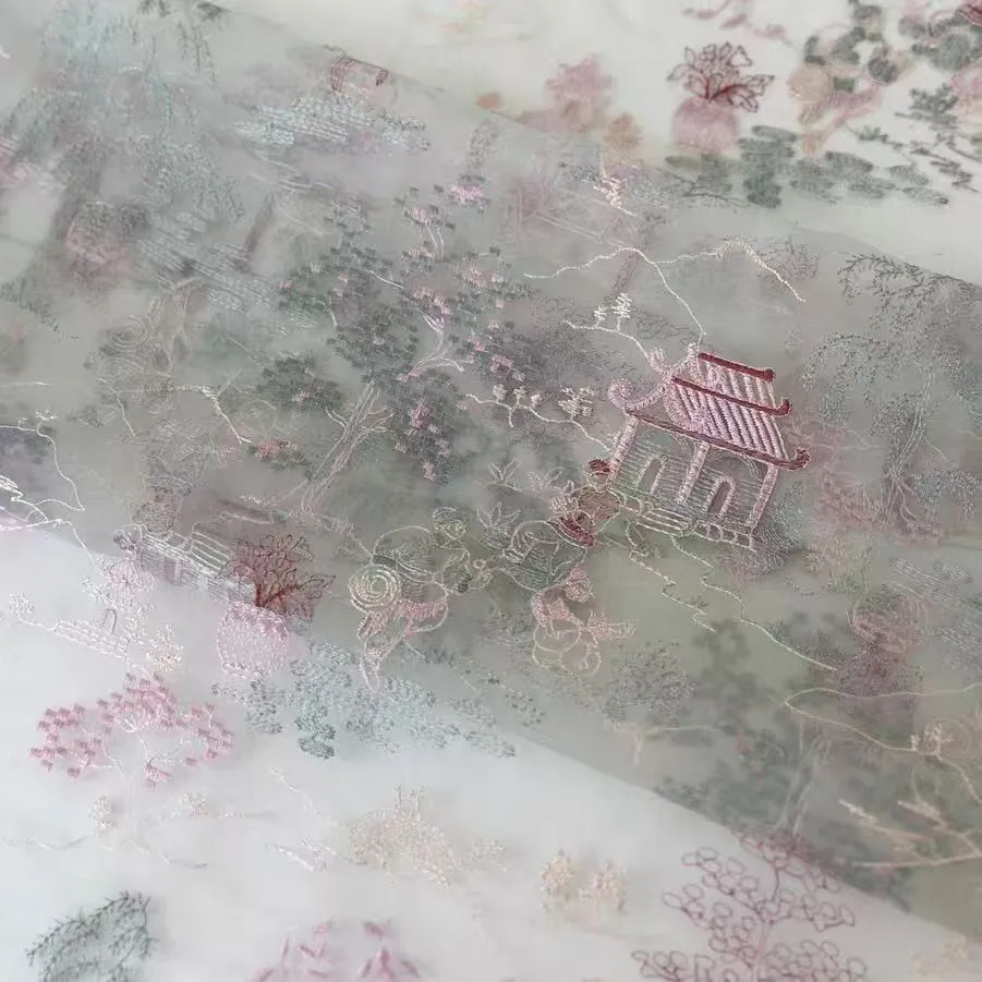 Oriental Style Sheer Organza Fabric with Scenic Embroidery