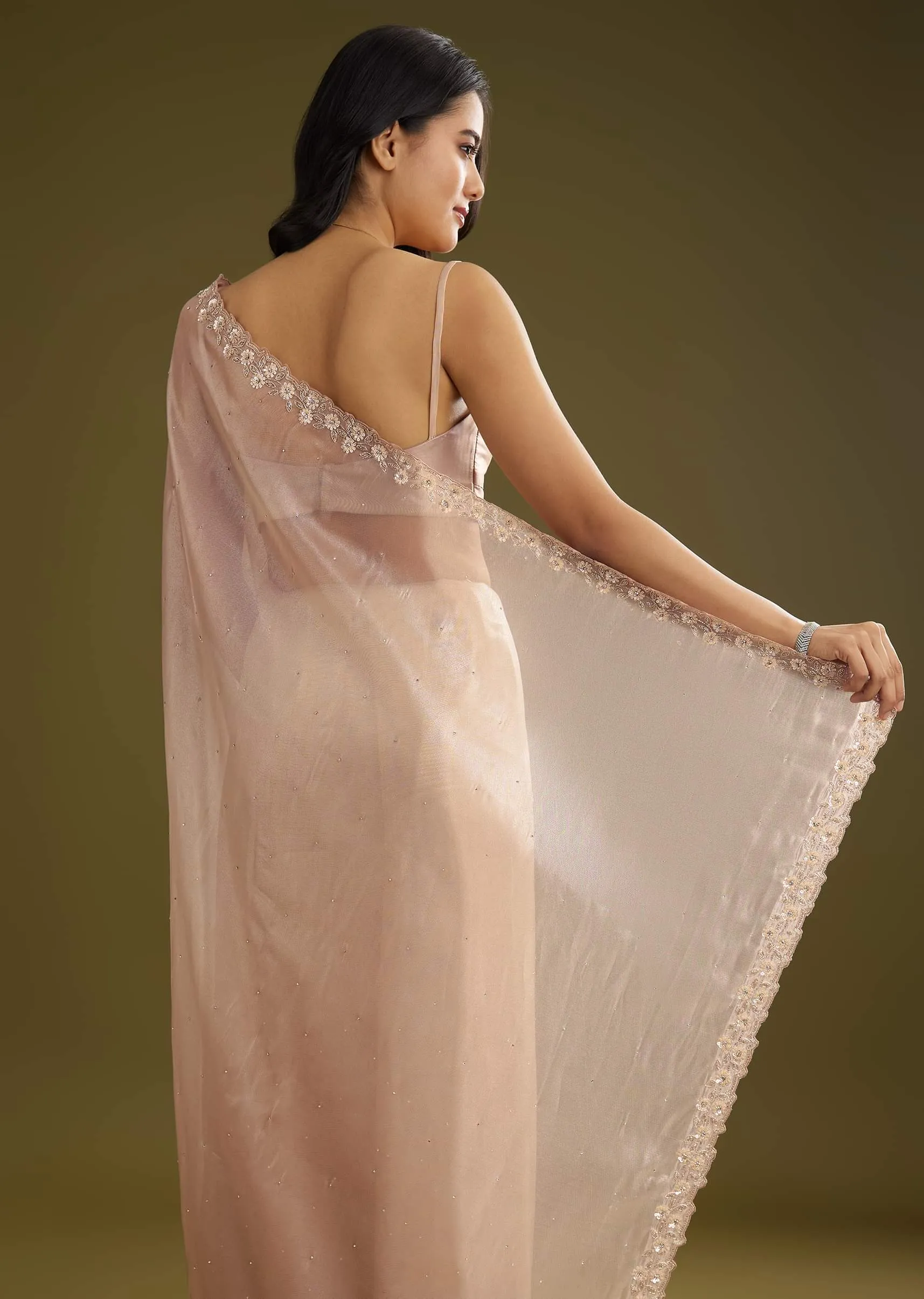 Pastel Peach Glass Tissue Stone Embellished Saree With Cutwork Border