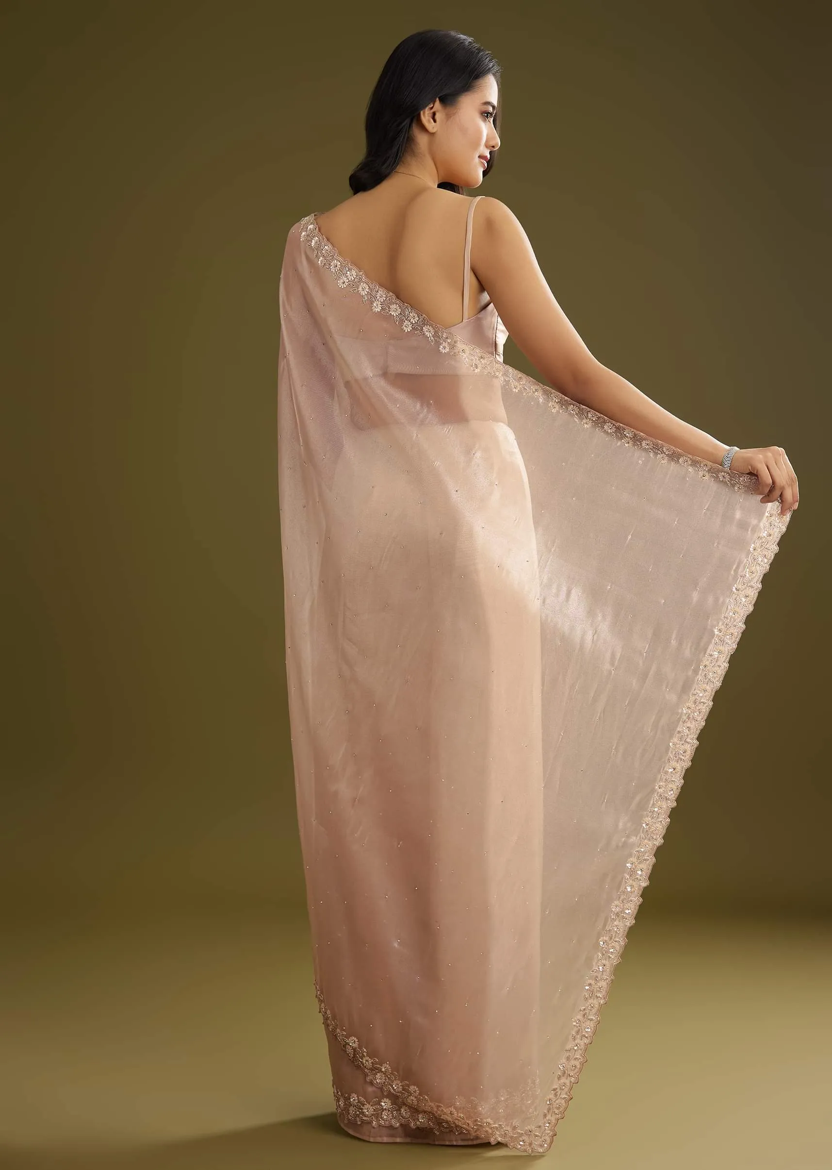 Pastel Peach Glass Tissue Stone Embellished Saree With Cutwork Border