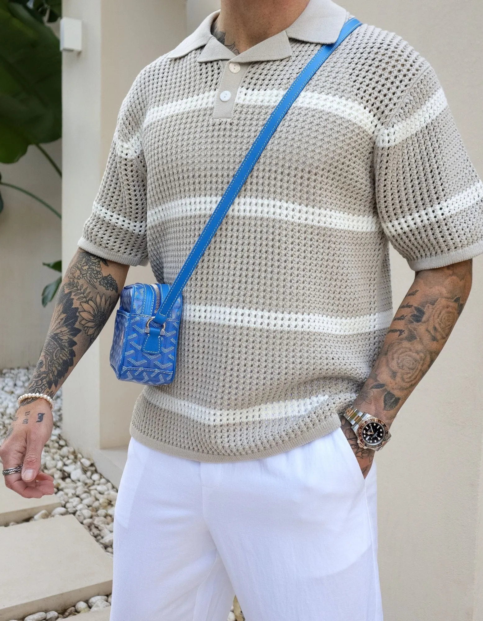 Taupe/Beige Striped Crochet Polo