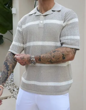 Taupe/Beige Striped Crochet Polo