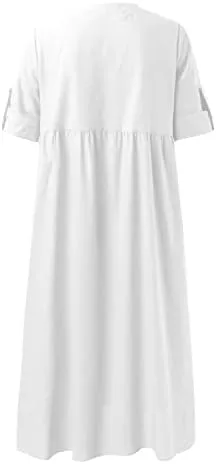 Women Fashion Casual Summer Linen Shirt Dress Women 3/4 Sleeve Pocket Single Breasted Casual Loose Dress Sundresses For Women Casual Summer     B79090