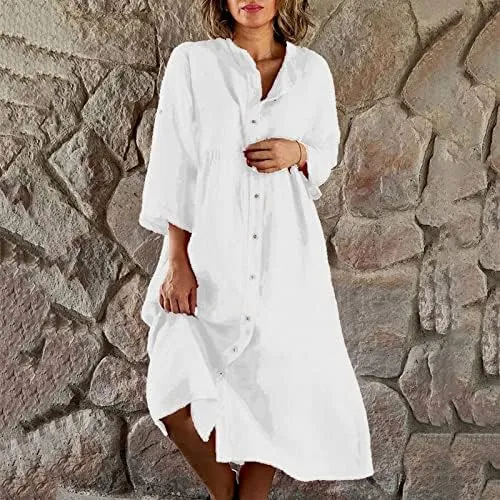 Women Fashion Casual Summer Linen Shirt Dress Women 3/4 Sleeve Pocket Single Breasted Casual Loose Dress Sundresses For Women Casual Summer     B79090