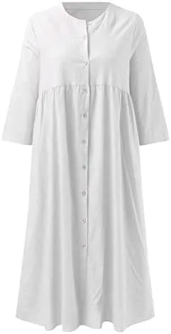Women Fashion Casual Summer Linen Shirt Dress Women 3/4 Sleeve Pocket Single Breasted Casual Loose Dress Sundresses For Women Casual Summer     B79090